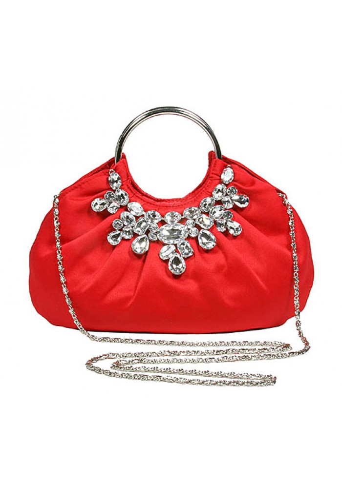 Evening Bag - Jeweled Satin w/ Metal Ring – Red -BG-90679RD